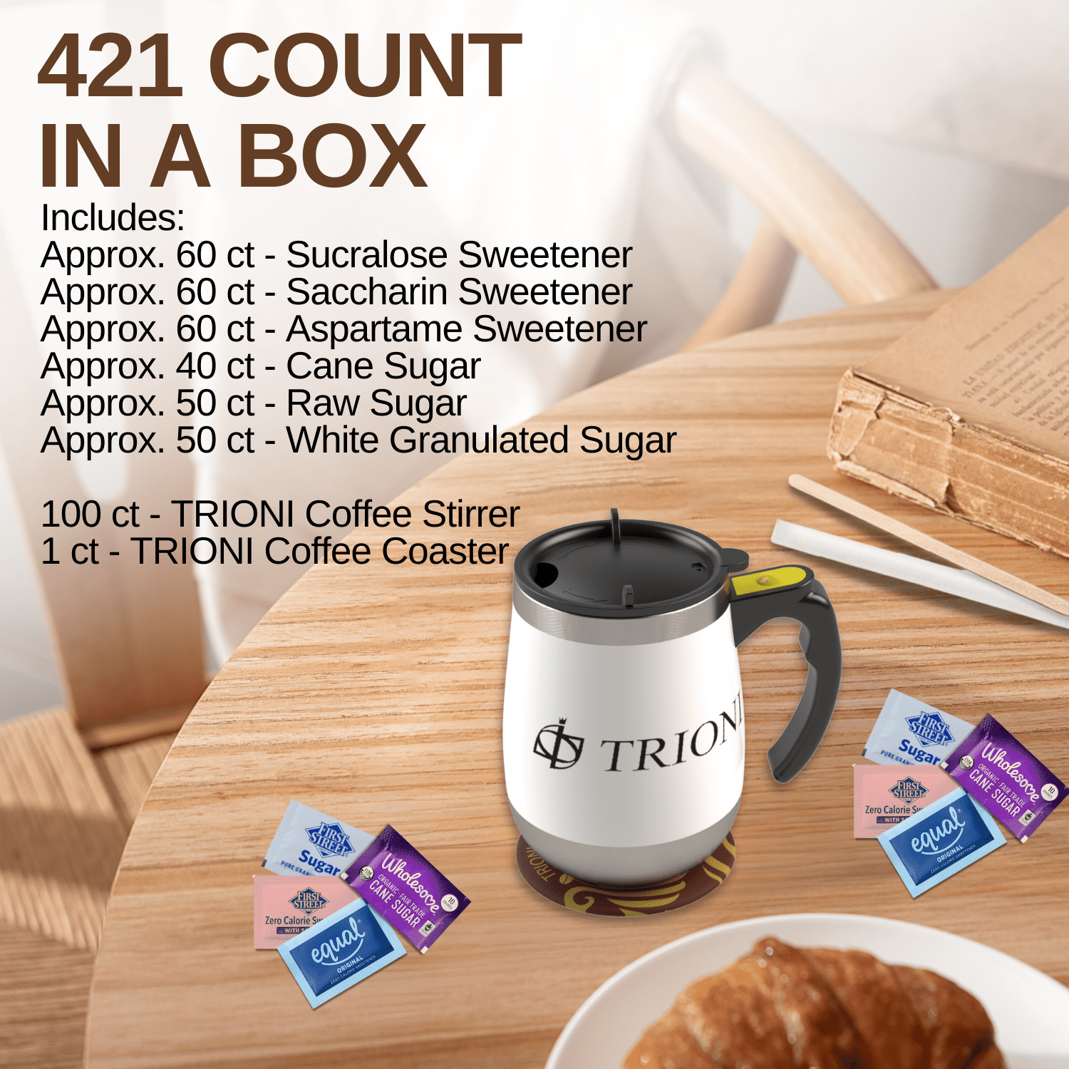 Sugar Packets and Sweetener Packets Assortment  - 421 ct of Raw, Cane, Wholesome Organic, Equal, Splenda and Saccharin Bundle Pack by TRIONI