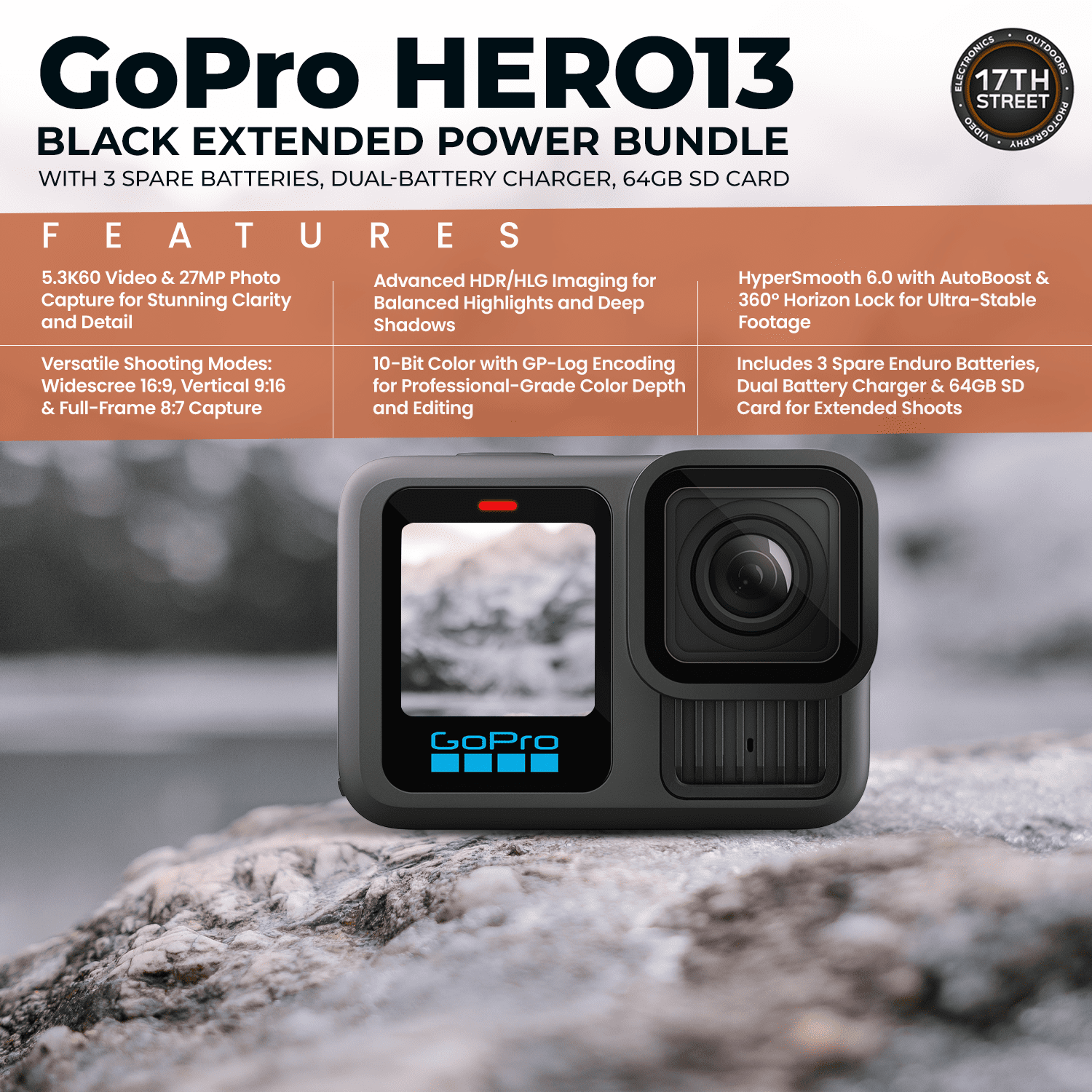 GoPro HERO13 Black Camera | Waterproof 5.3K60 Video & 27MP Photos Action Camera with Enduro Rechargeable Battery, Floating Handgrip, 64GB microSD Card, and 50-in-1 Camera Accessory Kit - Bundle Set
