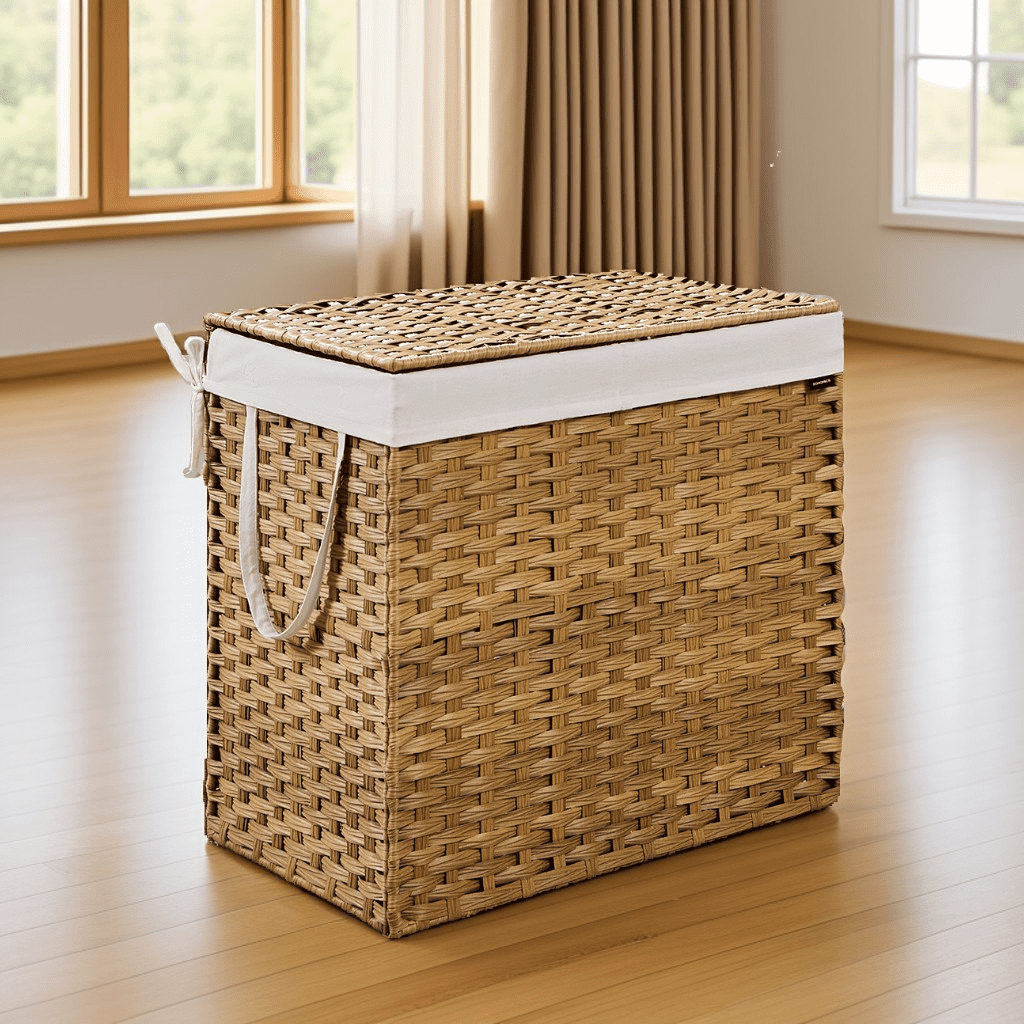 LEDREM 160 L Laundry Hamper with Lid, 3-Section Wicker Basket with Removable Liners and Mesh Bags, Double Laundry Organizer, Natural