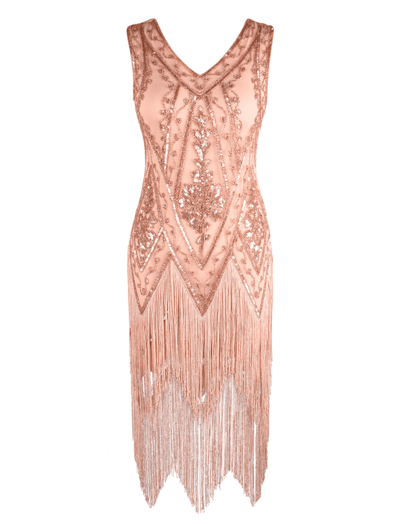 rose gold gatsby dress Prettyguide Women's Flapper Dress Sequined Fringe 1920s Gatsby Party Cocktail Dresses Rose Gold with Accessories, Medium