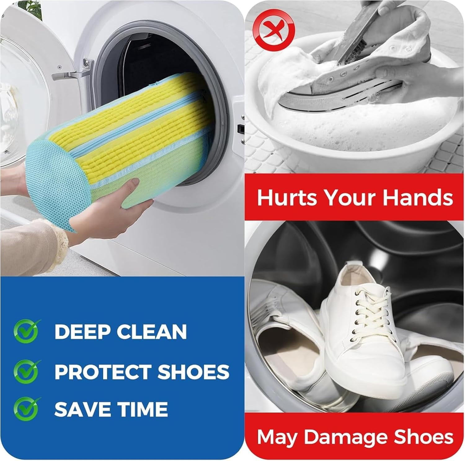 Shoe Washing Machine Bag 2 Pack, Laundry Shoe Bags with Insole Pocket, Reusable Shoe Cleaning Bags for Washer and Dryer, Protective 360° Deep Clean for Sneakers Tennis All Shoes Types（Yellow