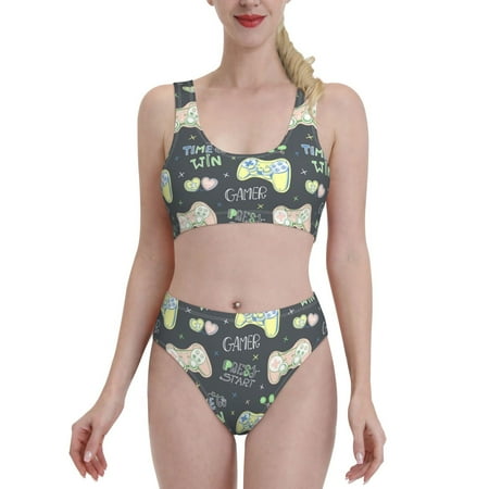 Bixox Gamers Pattern Two-Piece Sports Bikini with U-Shaped Top and High-Waist Bottom - Women s Swimwear with Removable Bra Pads