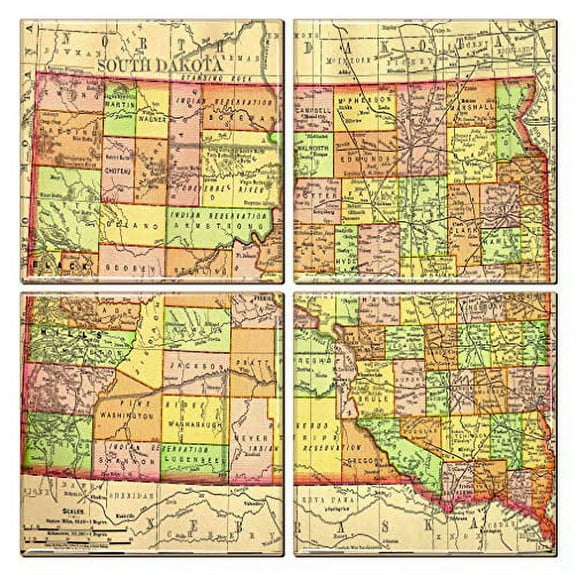 South Dakota Coaster of Vintage Map (Set of 4)