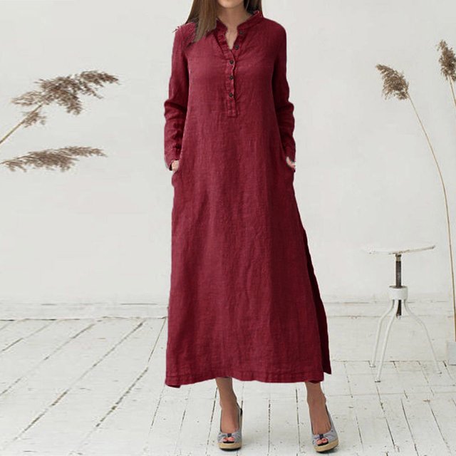 Pisexur Robe à Manches Longues à Col en V Mode Décontractée Col en V Boutonnée Robe en Coton et Lin à Manches Longues avec Poche Robe Longue Unie Robe pour Femmes