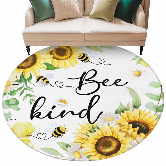 Round Rugs 7 Ft, Sunflower Floral Non Slip Area Rugs for Kitchen Bedroom Entryway, Farmhouse Pastoral Daisy Bees Botanical Washable Carpet Runner Rug Floor Mats for Bedroom Home Decor