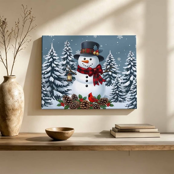 Christmas Snowman Canvas Wall Art, Rustic Winter Snowy Pine Tree Woodland Blue Wall Art Prints Artwork Framed Canvas Ready to Hang Art Pictures for Large Dining Living Room Hallway 36" x 24"