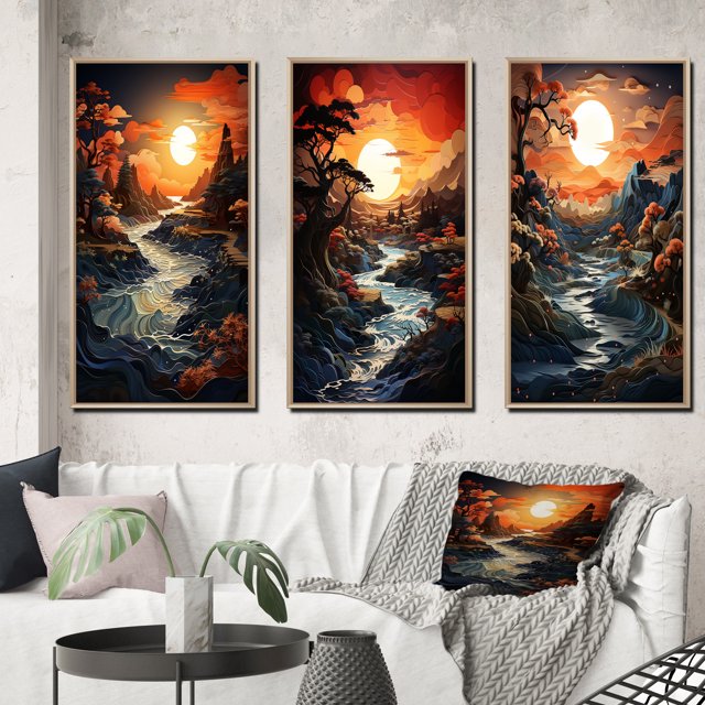 Designart "Moonlit Serenity Papercut Sunset II" Landscape & Nature Framed Wall Art Set Of 3 - Yellow Sunset Frame Gallery Wall Set For Home Decor