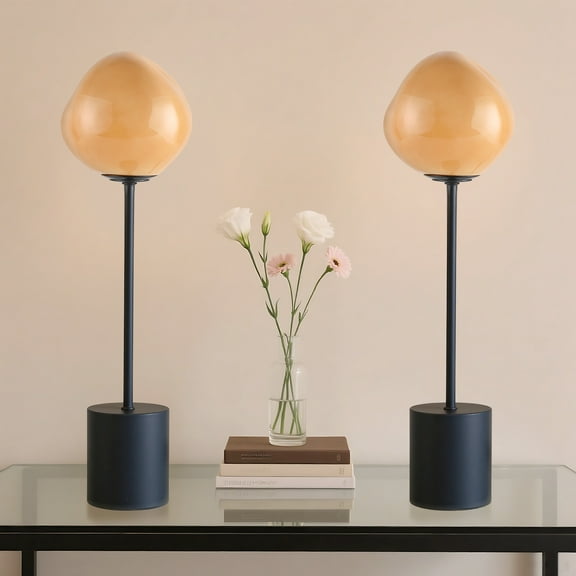 2 Pack Globe Glass Table Lamp Collection,18" Hand-Blown Glass Accent Lamp With Orange Shade,Matte Black Metal Base,Artistic Modern Lighting For Girls Bedroom,G9 Socket(Bulb Not Included)