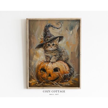 Cute Kitten Witch Hat Pumpkin Vintage Style Winter Holiday Painting Whimsical Cottage Autumn Wall Decor Home Decor Office Wall Art