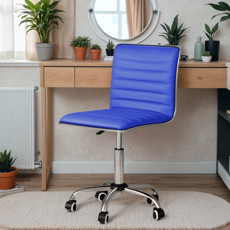 Furmax Leather Swivel Office Chair - Mid Back Vanity Chair for Makeup Desk, Armless Ribbed Task Chair with Ergonomic Support (Blue)