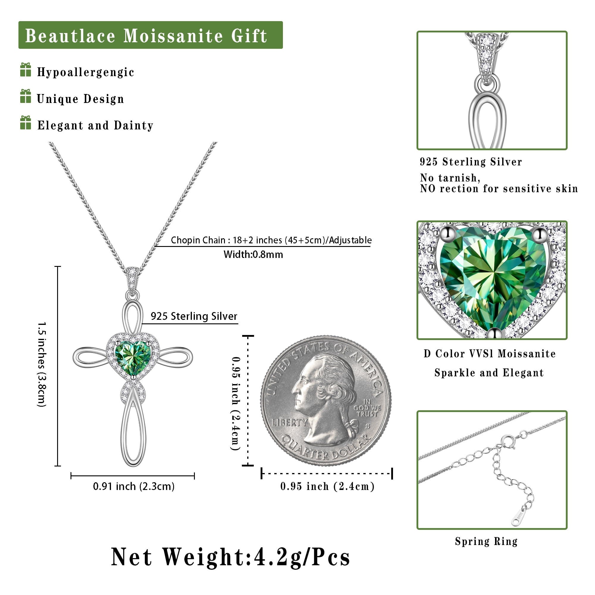 Beautlace 1 Carat Moissanite Cross Necklace,18K White Gold over Stering Silver Heart Birthstone Pendant Necklace Jewelry Birthday Christmas Valentines Gifts for Women