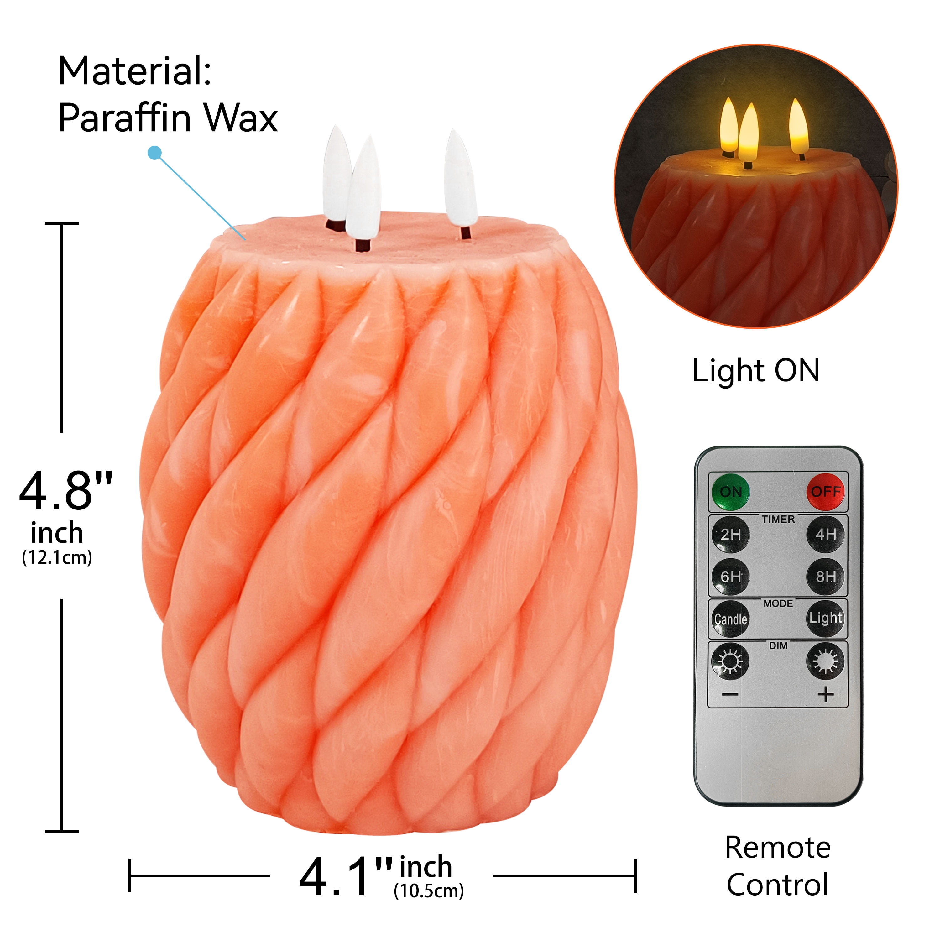 Orange Knot Ball Flickering Flameless Candles, Real Wax LED Candles with Remote and Timer, 4.8 Inch Battery Operated Spiral Pillar Candles for Room Decor Home Wedding Decoration