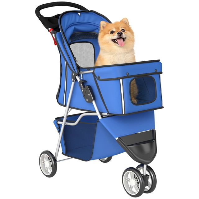 PawHut Deluxe 3 Wheels Pet Stroller with Brake, Canopy, Cupholders (Blue)