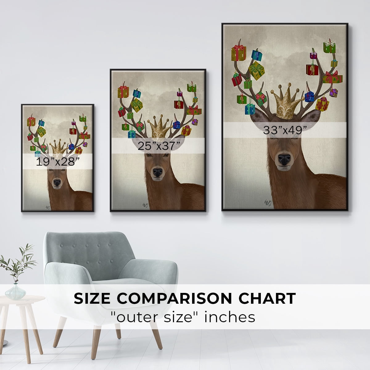 Christmas Gift Bearing Deer - Framed Gallery Wrapped Holiday Canvas - 25 x 37 - Black Frame