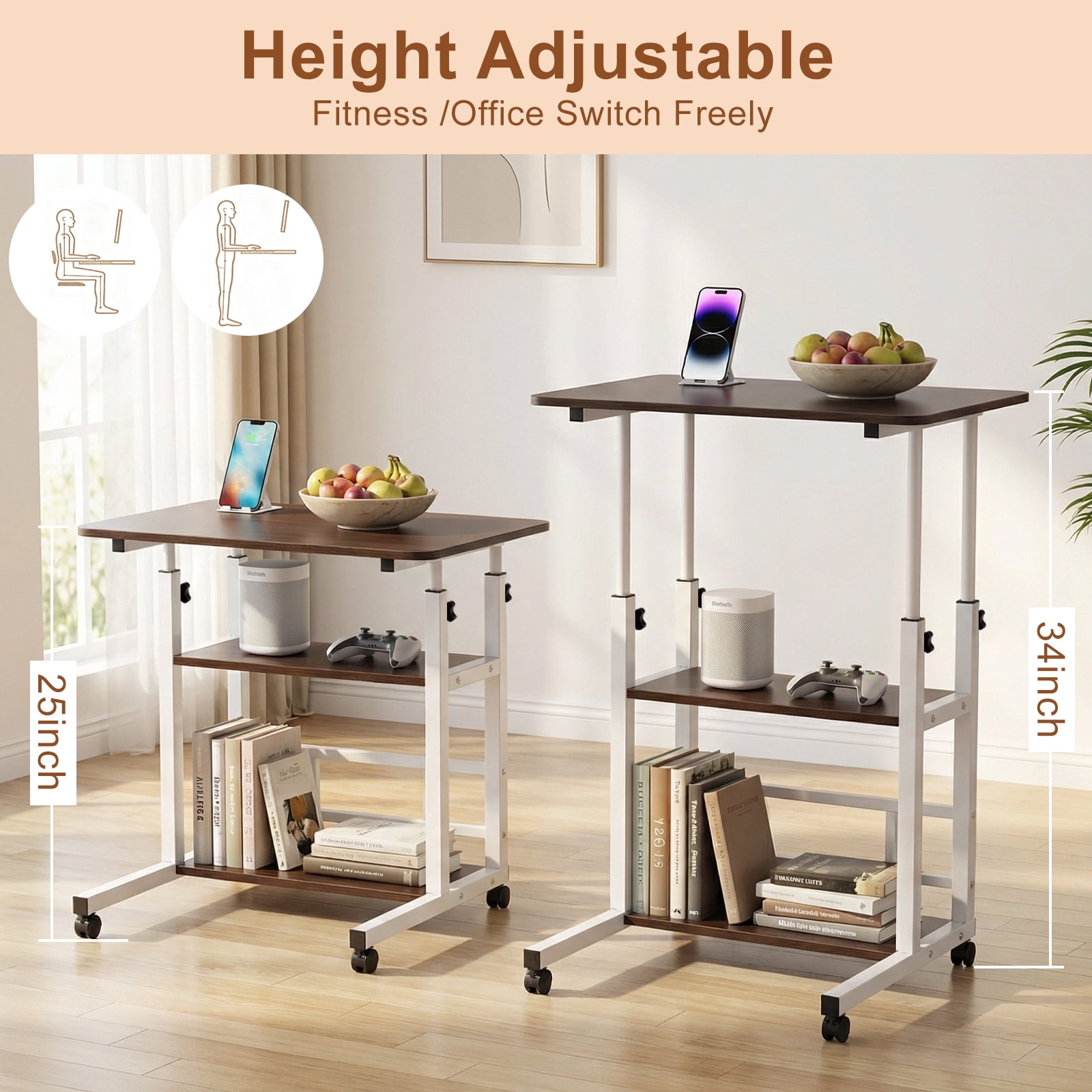 32 Inch Rolling Desk Rustic Adjustable Height Small Standing Desk on Wheels with Storage Shelves Portable Computer Desk Drafting Table for Home Office Small Spaces