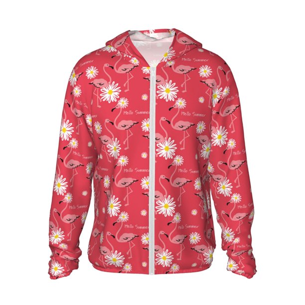 Balery Hello Summer Flamingo Sudadera ligera de manga larga con capucha y protección solar UPF 50+ para hombre y mujer, ideal para pesca y running-Large