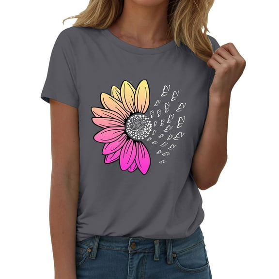 Outfmvch Sunflower Shirts for Women,Shirts for Women,Sunflower Butterfly Printed Shirt,Short Sleeve Shirts for Women,Graphic T-shirt,Workout T Shirts Plus Size Tops Trendy Clothes 2025 Spring Tee