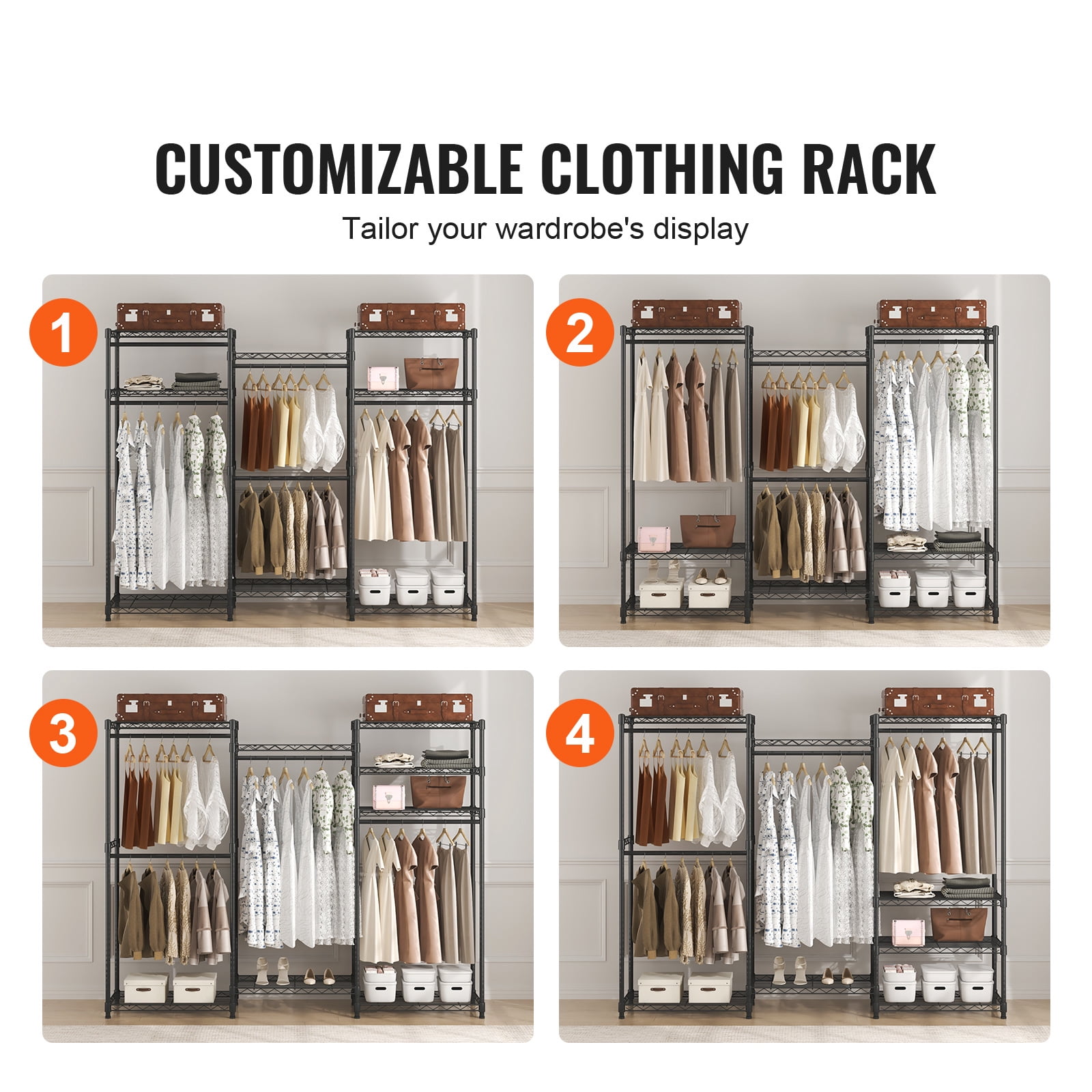 VEVOR Clothes Rack Wire Garment Rack with 4 Hang Rods & 8 Storage Tiers Load 800 LBS Heavy Duty Adjustable Freestanding Clothing Rack 71" H x 69" W x 18" D Black