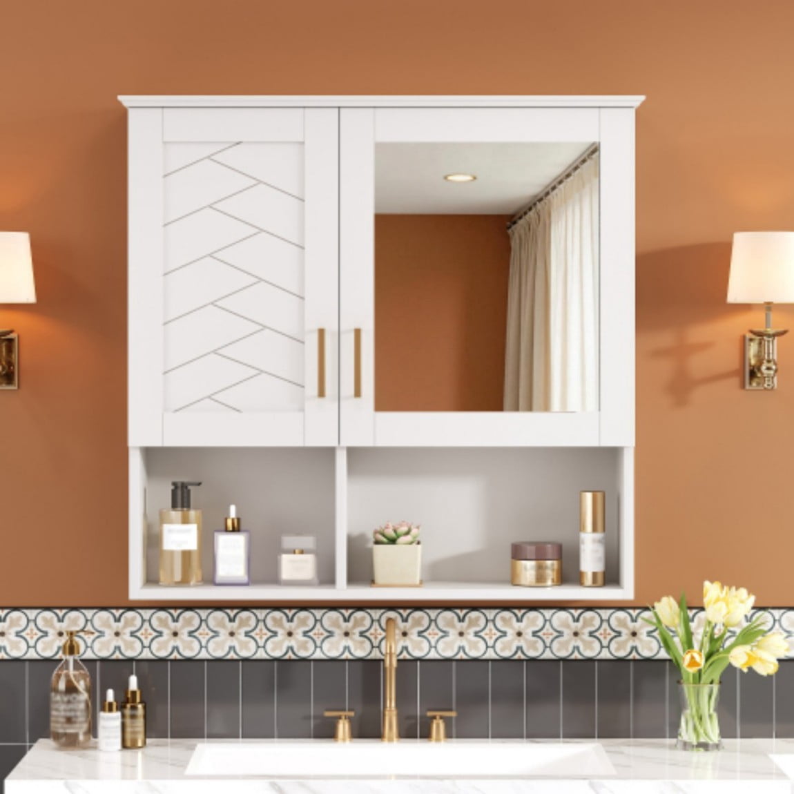 30" Wall Mounted Medicine Cabinet with Mirror, Bathroom Storage Cabinet with Adjustable Shelves, Soft Close Doors, Modern Mirror Cabinet for Bathroom Vanity, White