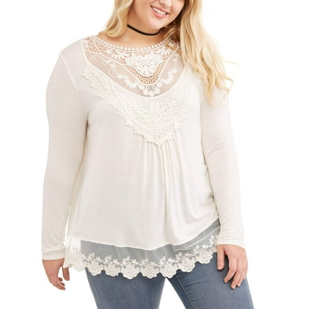 Junior Plus Long Sleeve Crochet Trim Floral Applique Victorian Top