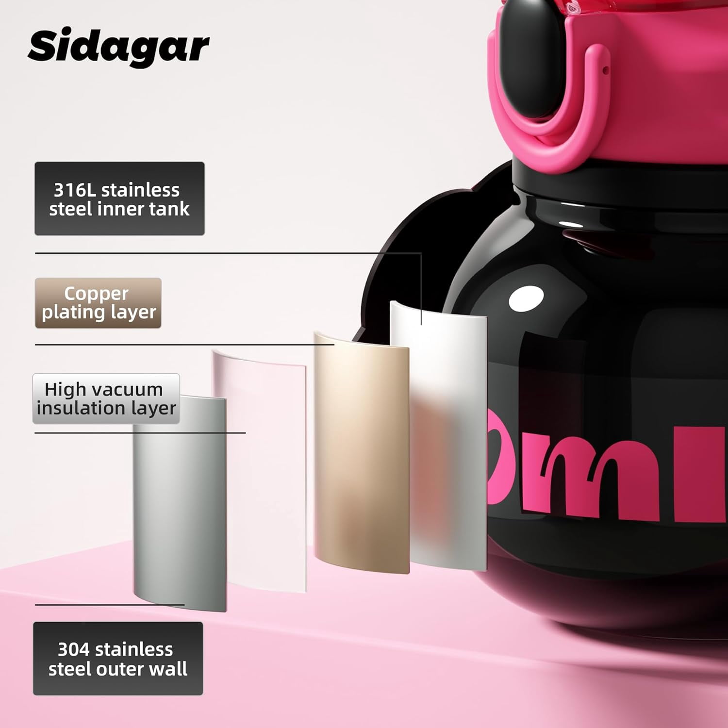 Sidagar 27 oz Stainless Steel Vacuum Insulated Water Bottle with Straw and Carry Handle, Black
