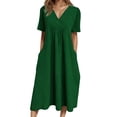 thumbnail image 2 of Tshirt Dress Women Cotton Linen Spring Summer Short Sleeve V Neck Smocked Loose Fit Flowy Midi Dress with Pockets, 2 of 5