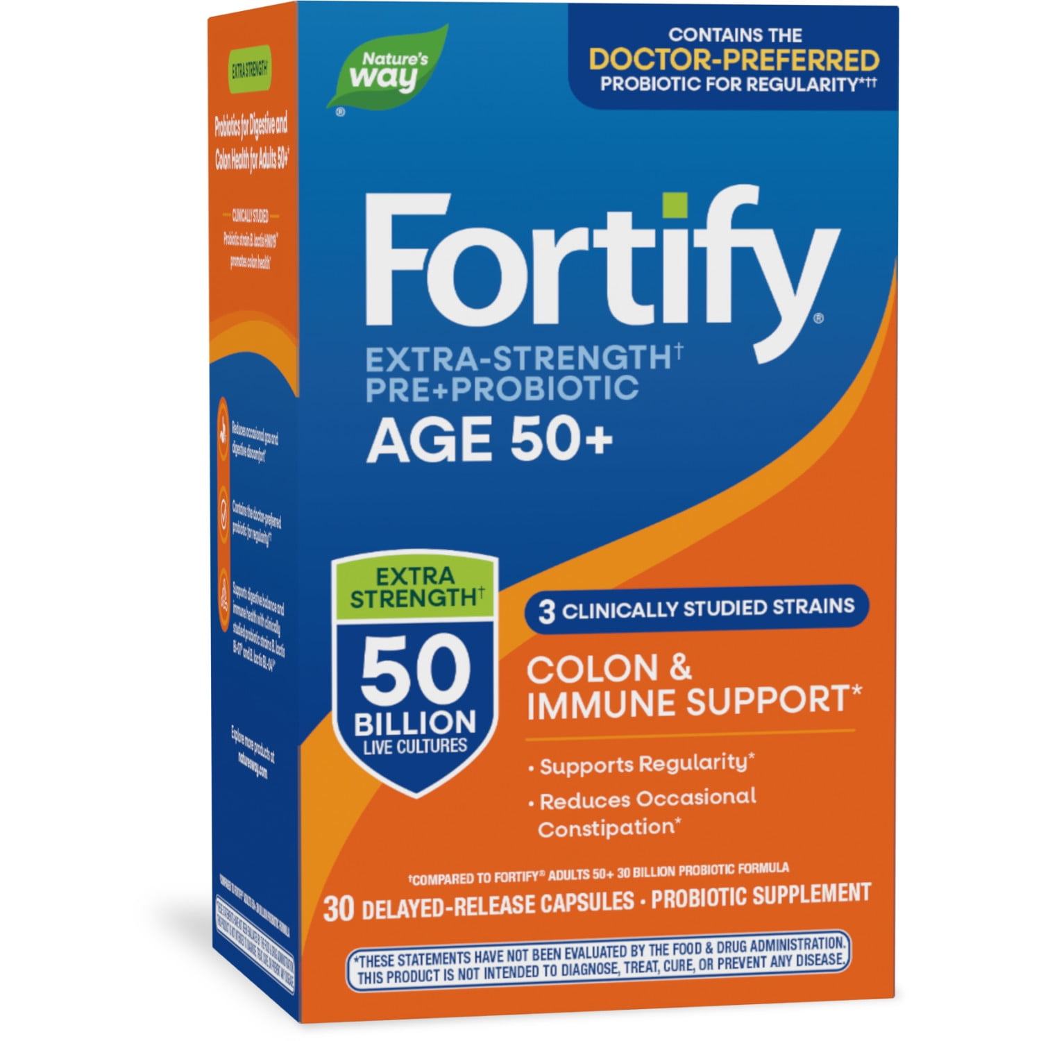 Nature’s Way Fortify Extra Strength† Pre+Probiotic Age 50+ Capsules, 50 Billion Cultures, 30 Count