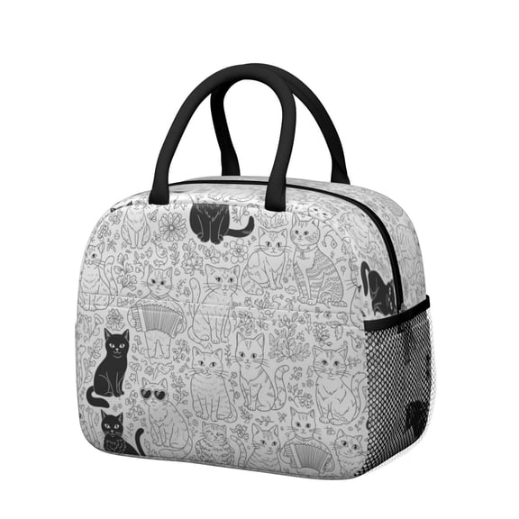 Cat and Flower White Pattern Insulated Leakproof Lunch Box for Work, Lunch Bag for Women Men, Loncheras Para Mujer for Beach Travel Picnic Camping