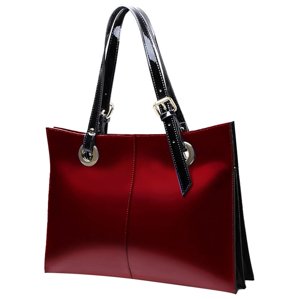 Feimina Patent Leather Shoulder Bag For Women,Genuine Shiny Large Leather Bag,Designer Luxury Handbags Women ,Wine Red Tote Purse, Large Capacity