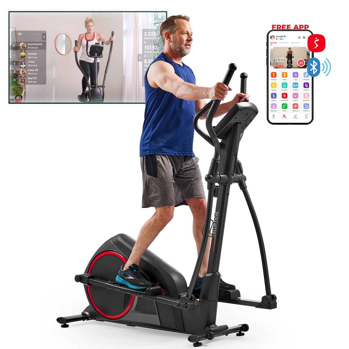 Sunny Health & Fitness Smart Heavy-Duty Elliptical Exercise Machine, Low-Impact Cardio Cross Trainer w Free SunnyFit App via Bluetooth – SF-E323055S