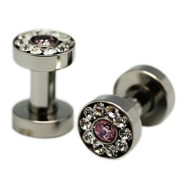 Pink White Diamond Flower Screw On Ear Plug 3 Mm 8 Gauge 2 Piece Walmart Com