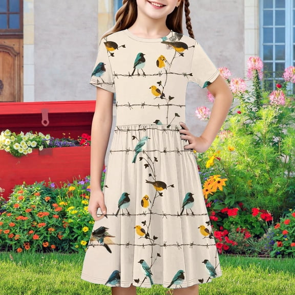 SGFCWSX Girls Short Sleeve Midi Dress Teens Casual Floral Print Crewneck Flowy A-Line Dress for Spring Summer Beach Wear Multicolor Size 13-14 Years