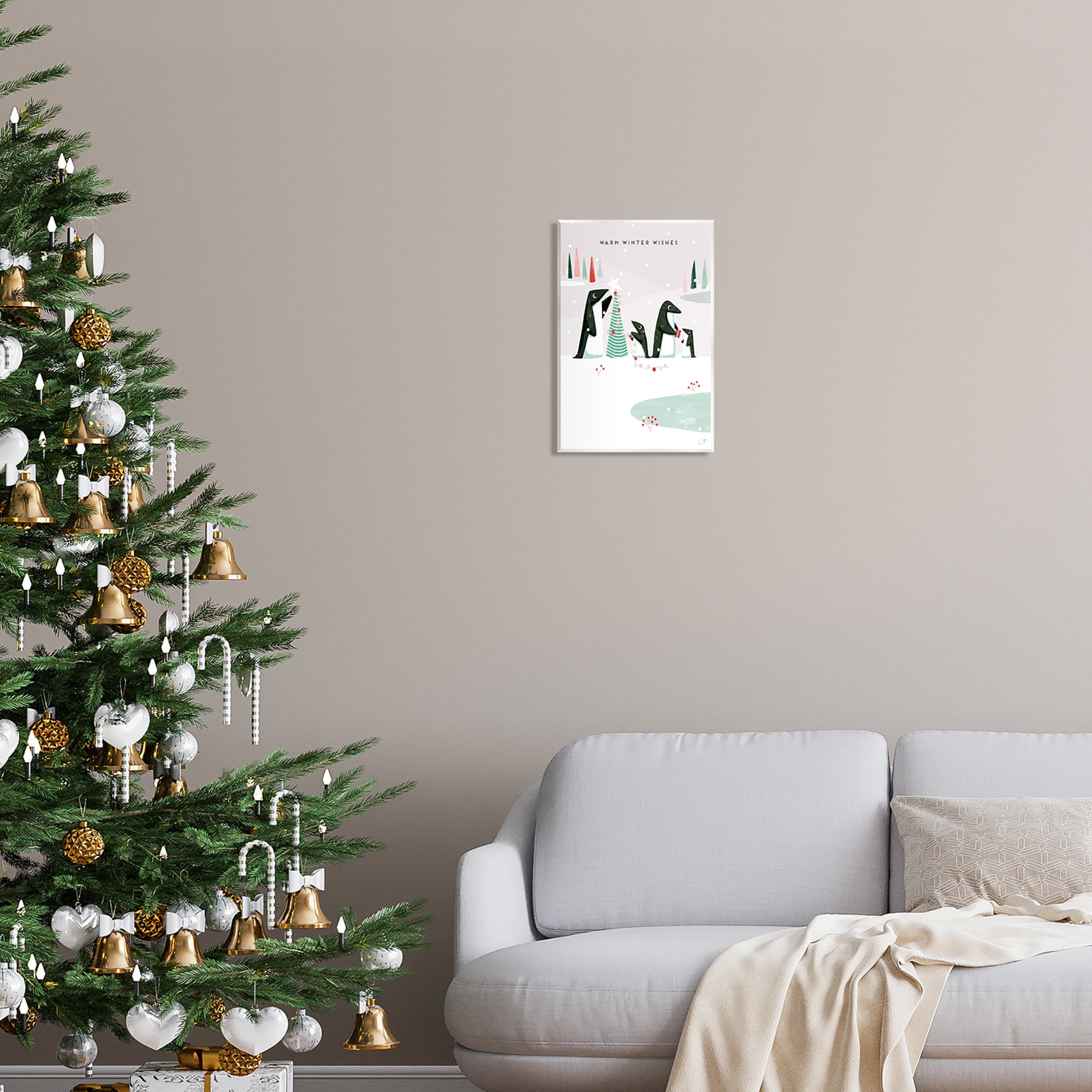 Stupell Industries Warm Winter Wishes Snowy Penguins Holiday Painting Unframed Art Print Wall Art