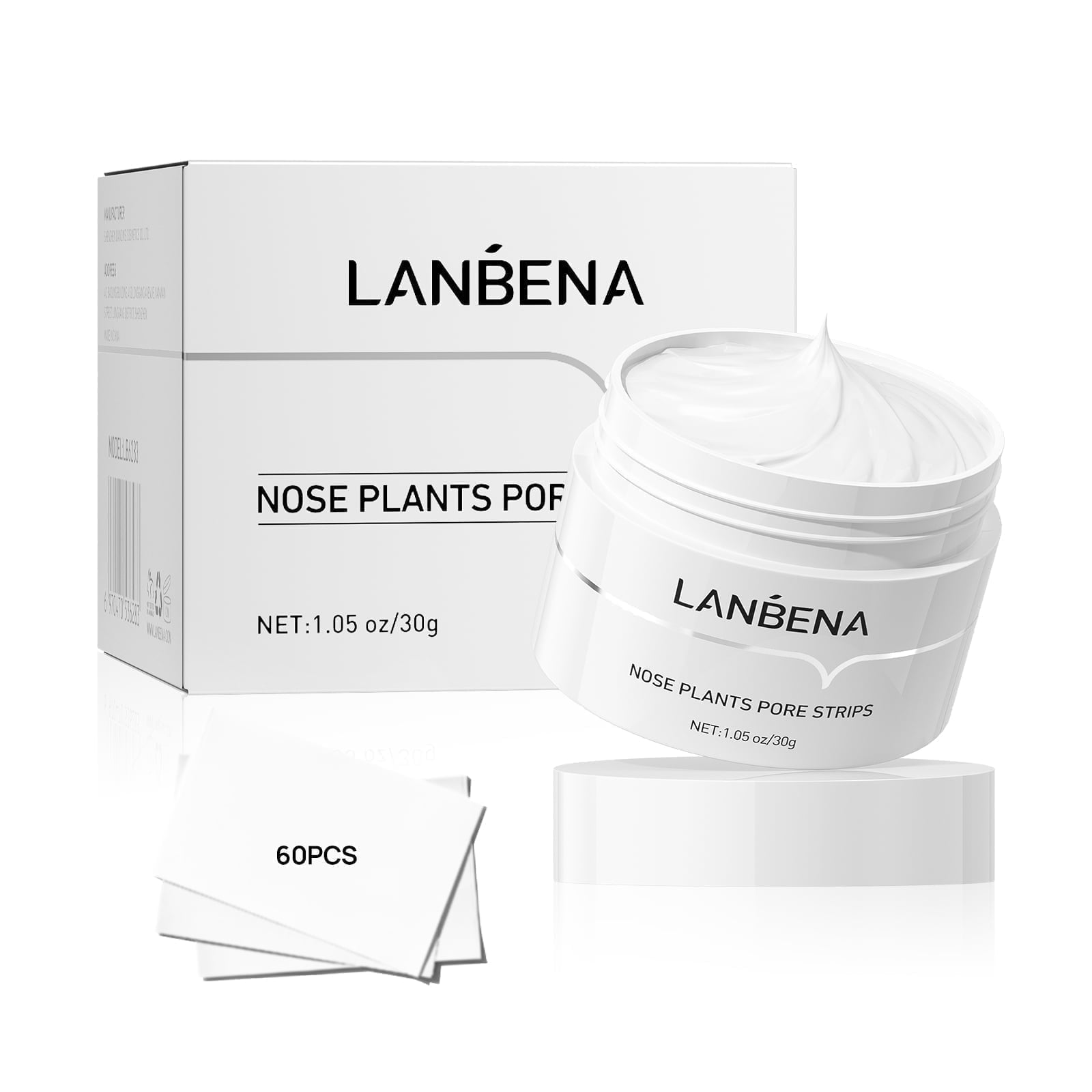 Lanbena Aloe Blackheads Remover Cream Nose Pore Strips Face Mask 30g+60 Pcs, Size: 30g+60 pcs paper, White