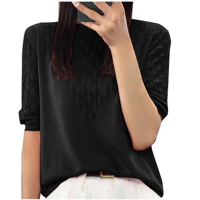 Timegard Hauts pour Femmes Manches 1/2 Confortable Respirant Couleur Unie Décontracté Ample Tricoté Blouse Mode