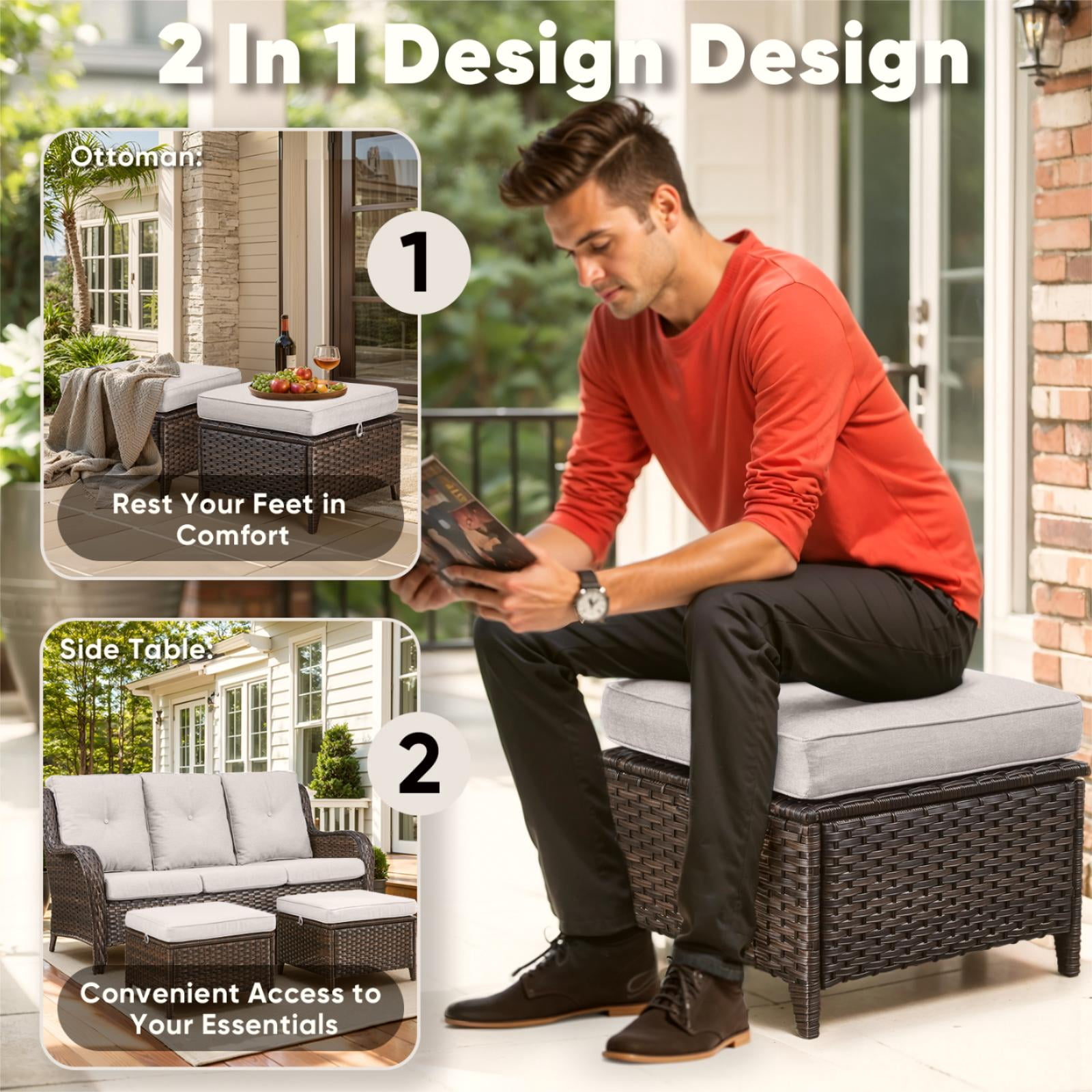 Gymojoy 5-Piece High Back Outdoor Wicker Conversation Set with Swivel Chairs, Ottoman & 50,000 BTU Fire Pit Table - Patio Furniture Set for Deck, Porch, Poolside