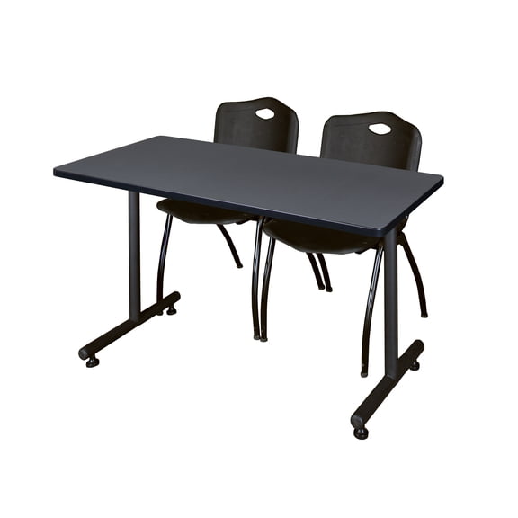 Regency Kobe 48 x 30 in. T-Base Training Seminar Table- Grey, 2 M Stack Chairs- Black