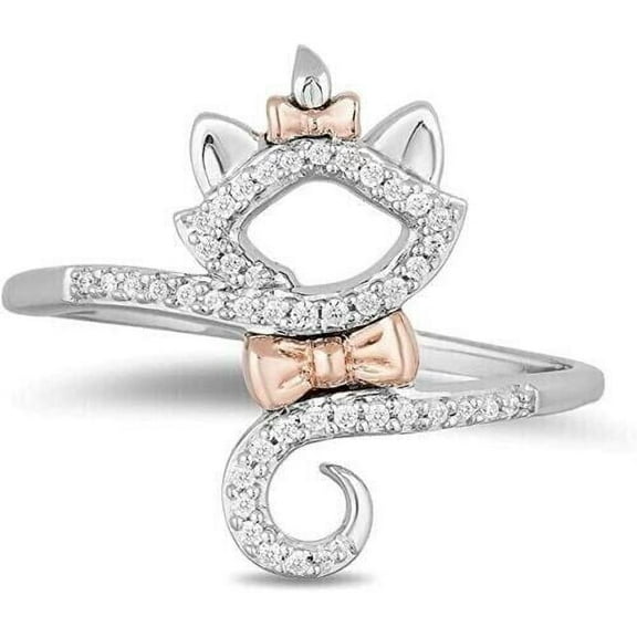 Two Tone Metal Ring, Aristocats Diamond Engagement Ring, Bypass Diamond Ring, Animal Ring, Pave Set Diamond Ring, 925 Sterling Silver, 1.9 Ct Simulated Diamond, Birthday Gift For Her
