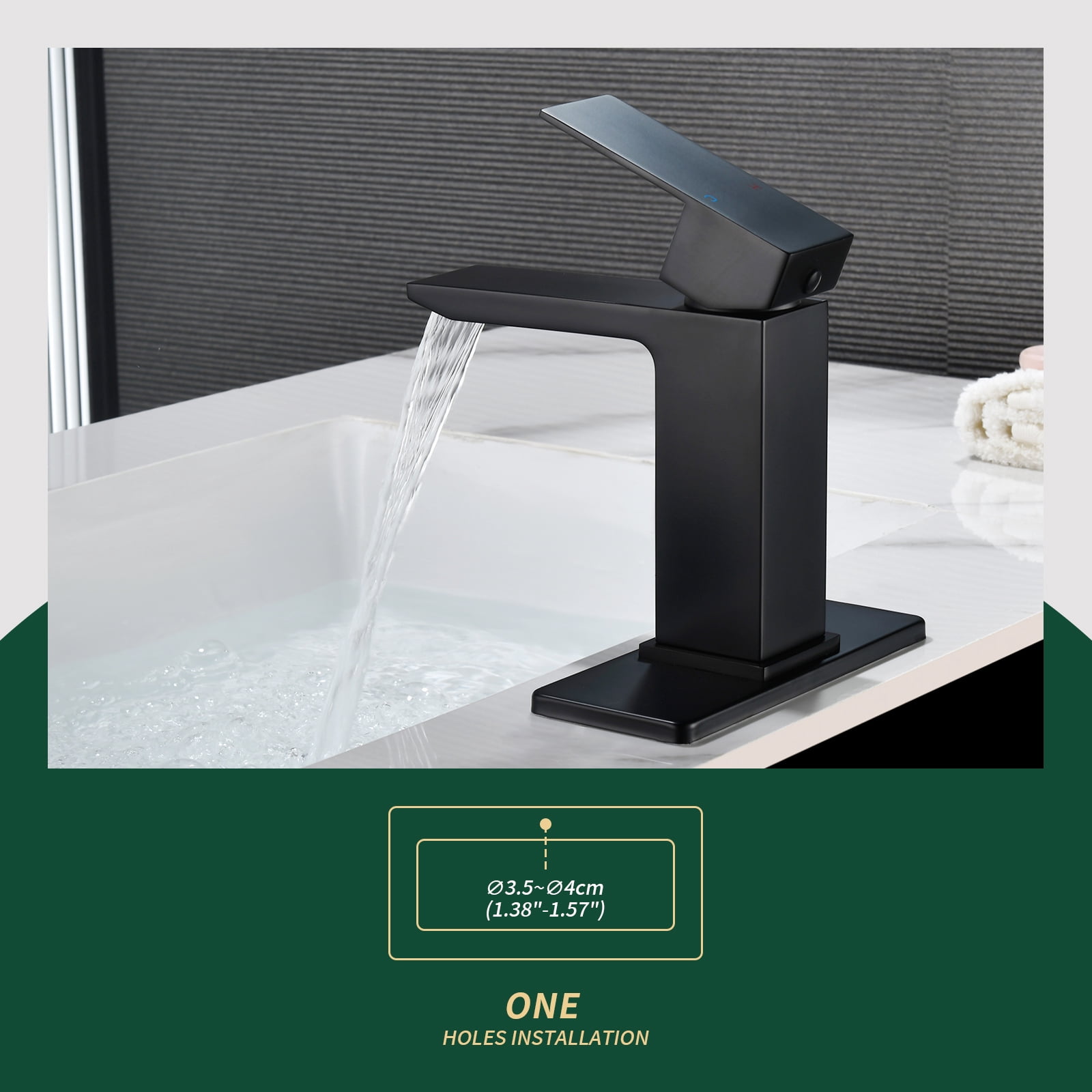 Cobbe Single-Handle Bathroom Sink Faucet for Vanity Waterfall Spout Design Single-Hole Installation With Pop-Up Drain Matte Black