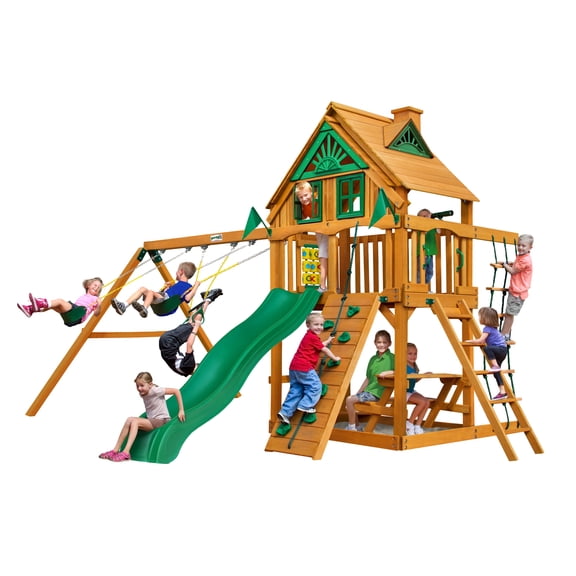 Gorilla Playsets Chateau Treehouse Wooden Swing Set with Rope Ladder, Rock Climbing Wall, and 2 Belt Swings