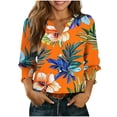 thumbnail image 3 of yoeyez Boho Buttons Down Shirts for Women Summer Floral Hawaiian Shirts With Smocked Cuffs Henley V Neck Relaxed Comfy Office Work Blouses Orange,S, 3 of 6