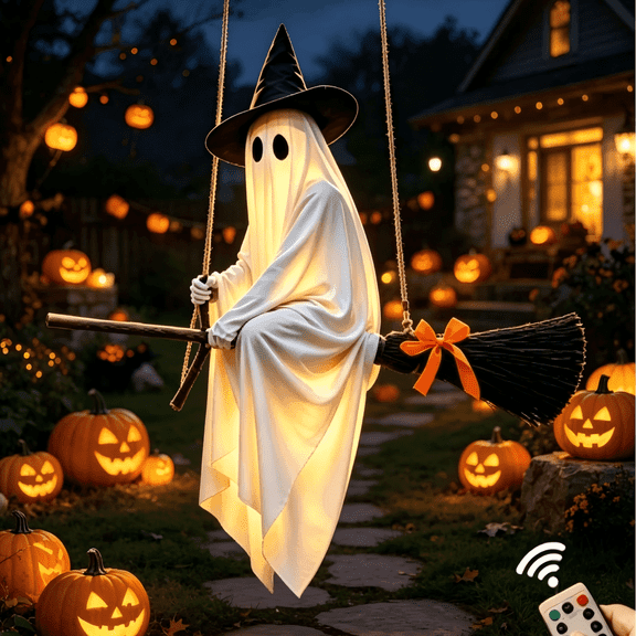 5 FT DIY Hanging Swing Ghost Halloween Decor, Light-Up Flying Ghost on Broomstick with Witch Hat, Spooky Cute Outdoor Halloween Decorations for Front Porch Yard Tree(without light)