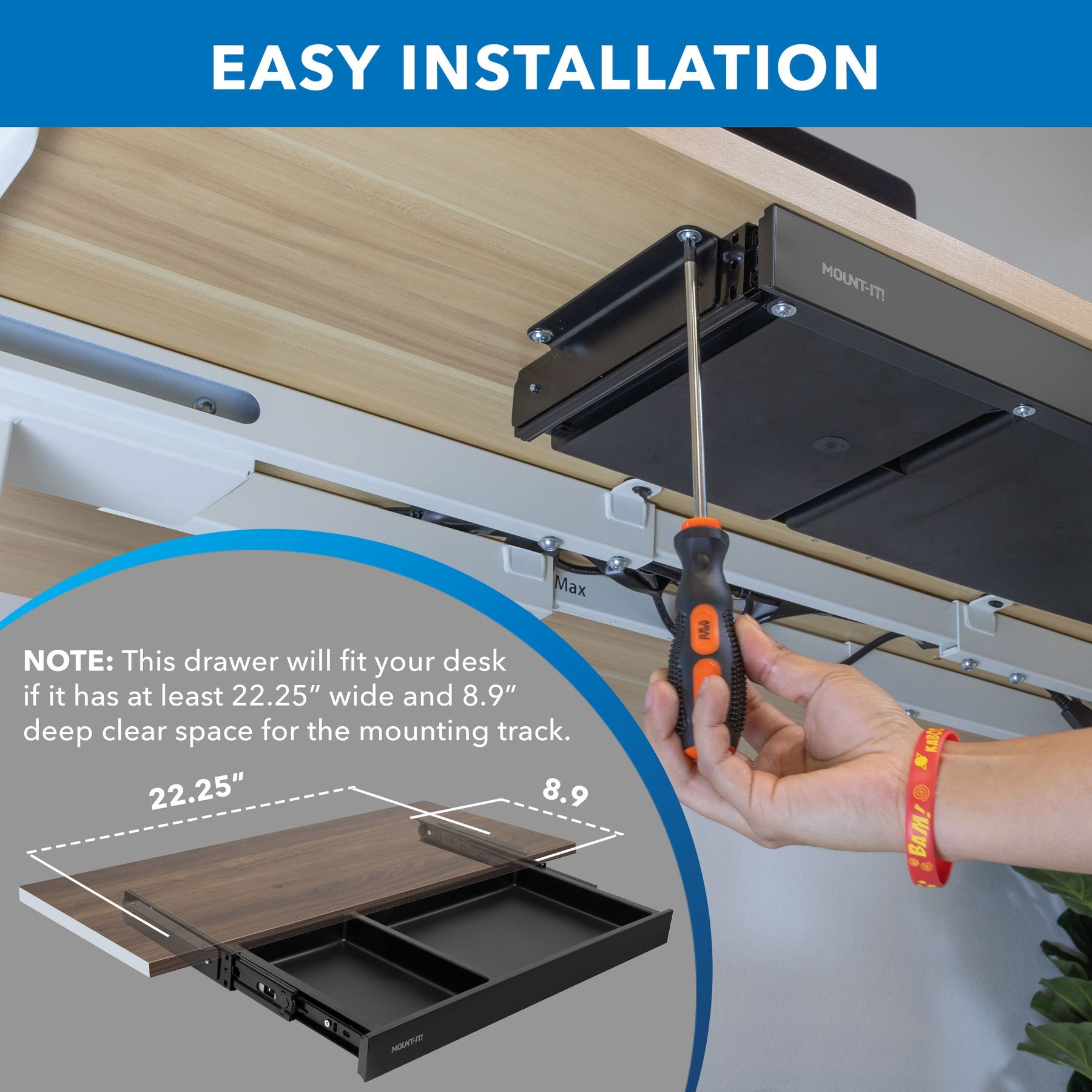 Mount-It! Under Desk Drawer - Shallow, securely beneath your tabletop for seamless storage expansion, Black