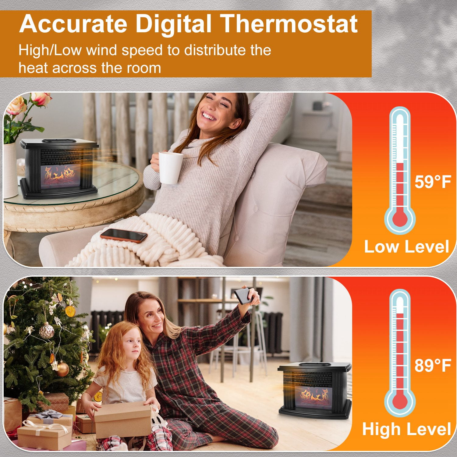Electric Fireplace Heater 800W Artificial Flame Stove Heater with Accurate Digital Thermostat Timer Setting Remote Control Overheating Protection for Office Bedroom