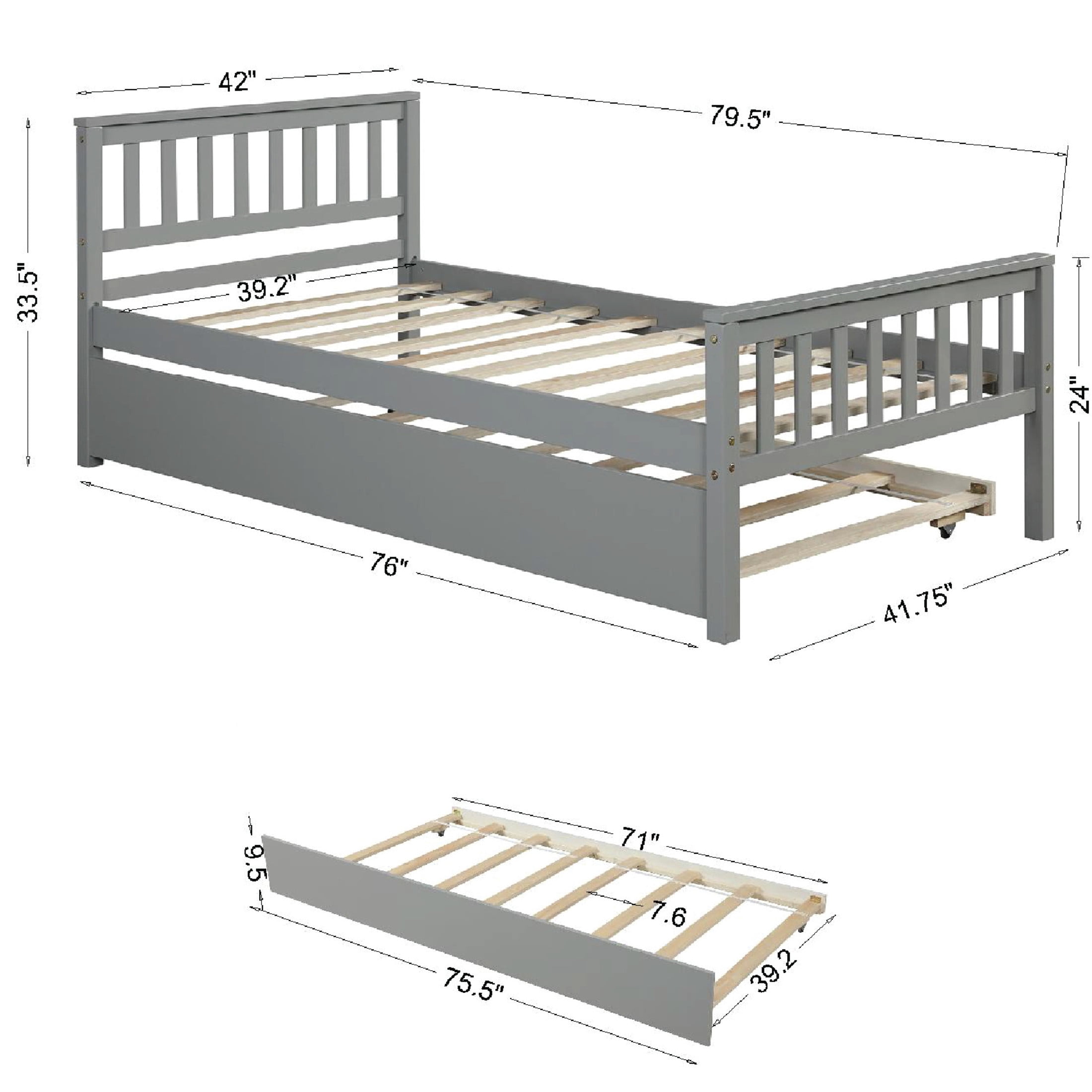 Noble House Kilby Twin Platform Bed with Pull-out Trundle, Hardside Pine Wood Bed Frame with Headboard, Gray