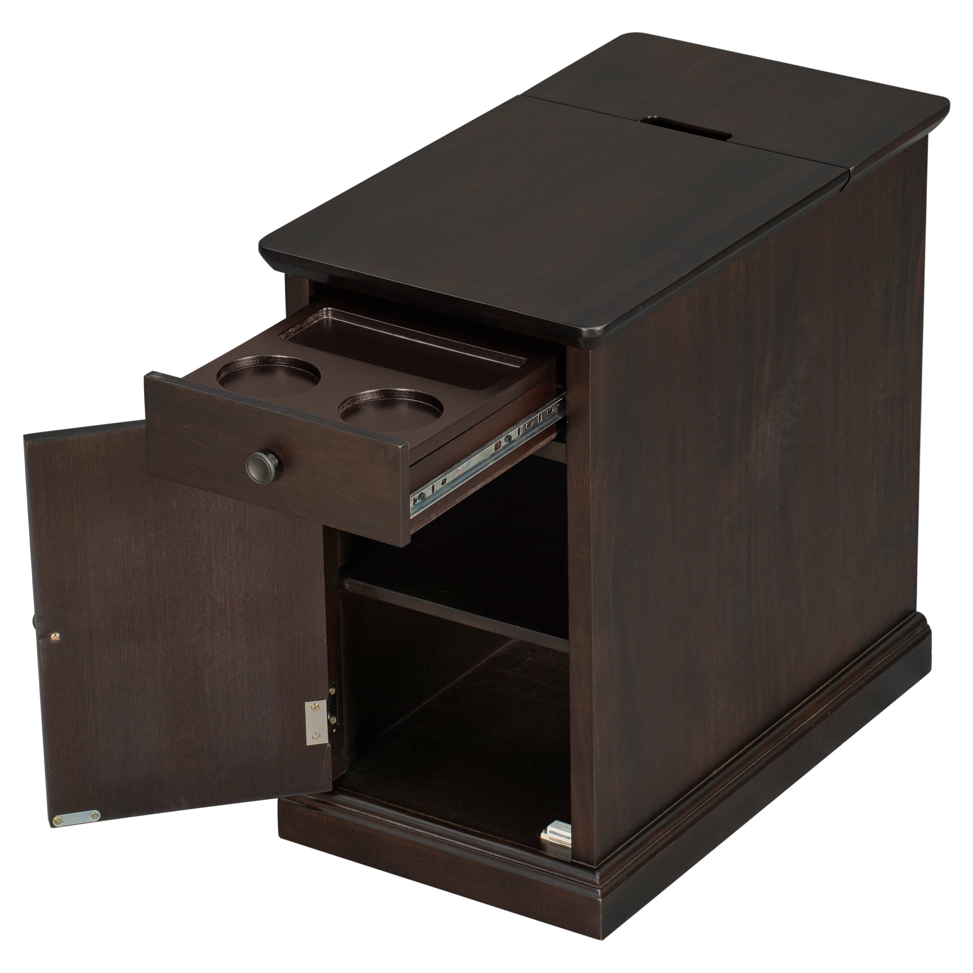 Aukfa Vintage End Table with USB Ports, Drawer, and Cup Holders - Narrow Sofa Side Table for Living Room and Bedroom - Espresso
