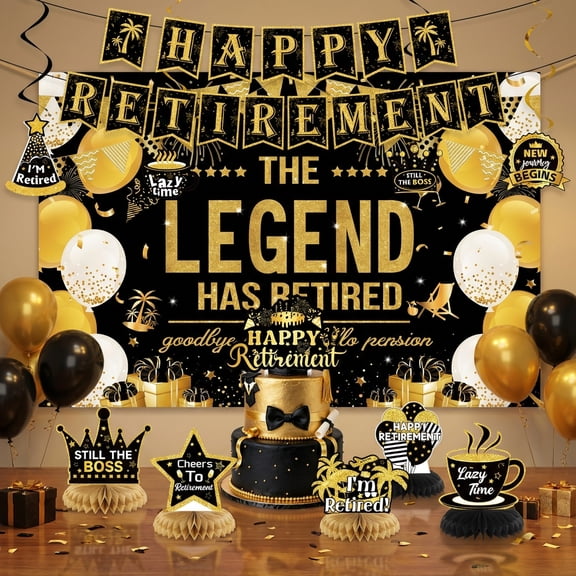 Happy Retirement Party Decorations Set for Men Women - Black Gold Banner Backdrop, Honeycomb Centerpieces, Cake Topper, Hanging Swirls