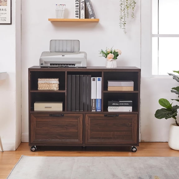 LayBurst 39.3" Farmhouse Wood File Cabinet with Wheels,Small Home Office Storage,Rolling File Cabinet with 2 Drawers for Legal/Letter/ A4 Size (Brown)