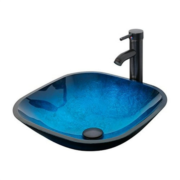 Eclife 165 Ocean Blue Square Bathroom Sink Artistic Tempered Glass Vessel Sink Combo With Oil Rubber Bronze Faucet And Pop Up Drain Bathroom Bowl A04 Square Ocean Blue Walmart Com Walmart Com