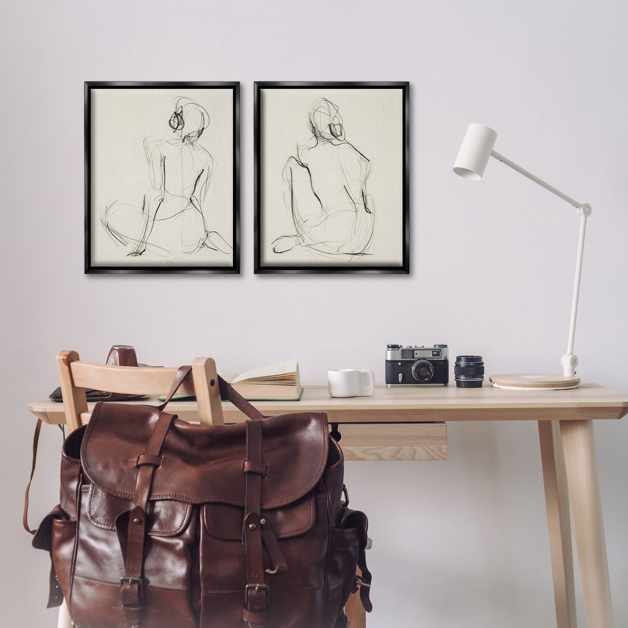 Stupell Industries Sitting Female Figure Drawing People Drawing Black Floater Framed Canvas Art Print Wall Art, 17 x 21, Set of 2